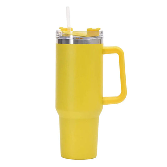 FAMKX 40oz Insulated Travel Mug Tumbler With Handle And StrawStainless Steel Double wall Vacuum Thermos Cup Keep Drink Cold and Hot (Yellow)