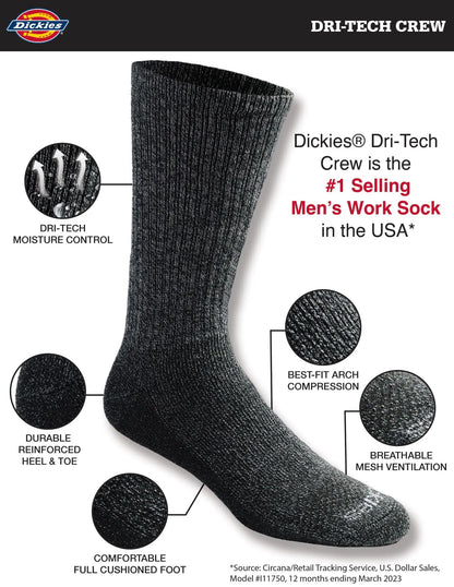 Dickies Men's Dri-Tech Essential Moisture Control Crew Socks Multipack Large Heathered Grey (6 Pairs)