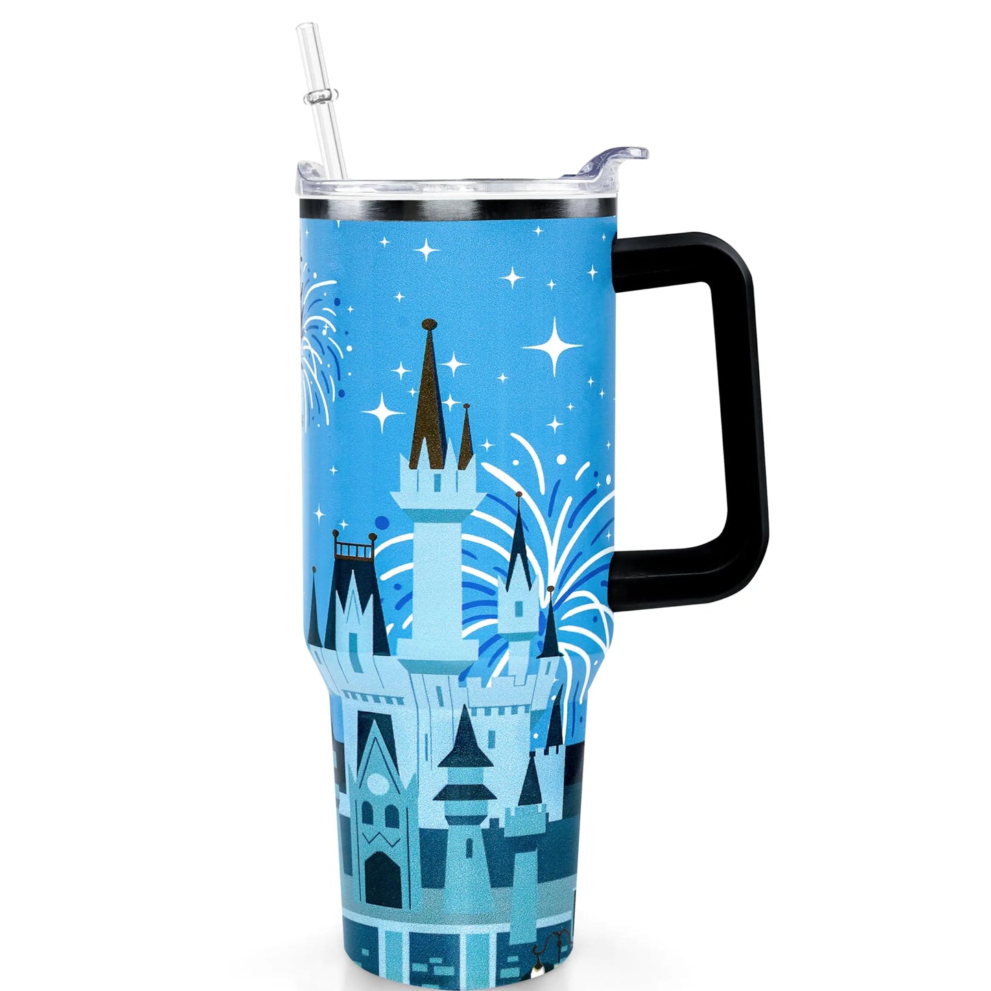 Sxdcfrs Cartoon Castle Tumbler 40 Oz With Lid and Straw Stainless Steel Insulated with Handle Blue Firework Travel Coffee Mug - BirthdayChristmas Gift